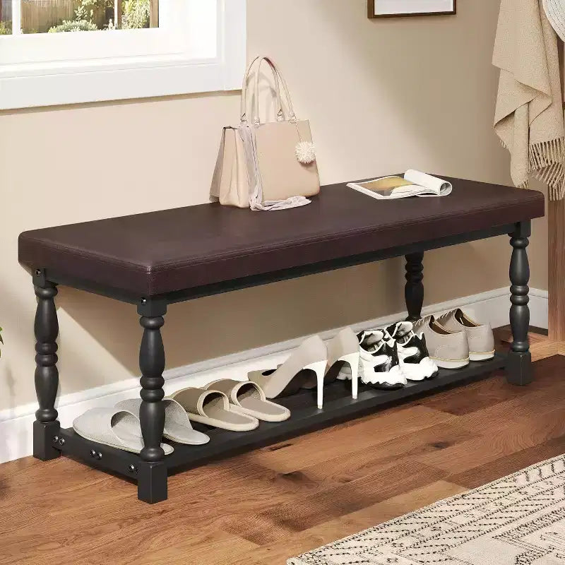 Panchina scarpiera da ingresso con seduta imbottita e contenitore per 5-6 paia di scarpe, scarpiera con gambe in stile romano