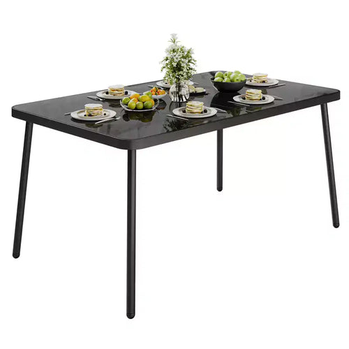 Table à manger rectangulaire noire en verre trempé de 59 po avec cadre en métal pour 4 à 6 personnes