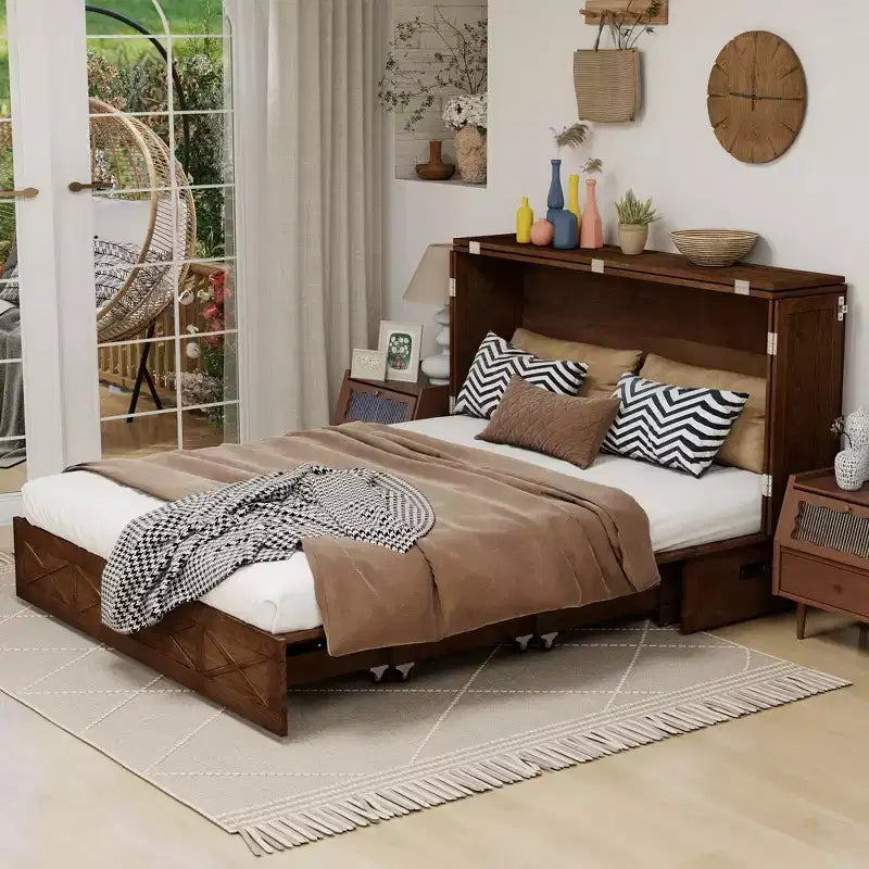 Letto a scomparsa Keloyid Haimyy Queen con struttura in legno massiccio, caricatore integrato e cassetto robusto