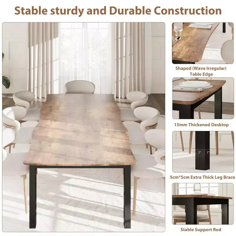 Tavolo da pranzo rettangolare da 71/78 per 6-8 persone con bordo irregolare a onda e struttura in metallo, impermeabile e antigraffio, versatile per mangiare/lavorare/studiare