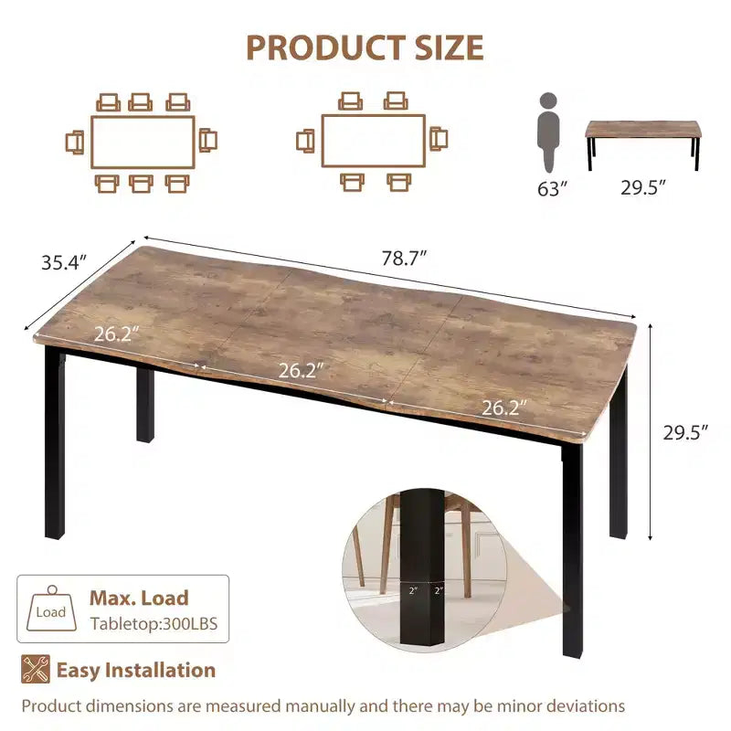 Tavolo da pranzo rettangolare da 71/78 per 6-8 persone con bordo irregolare a onda e struttura in metallo, impermeabile e antigraffio, versatile per mangiare/lavorare/studiare