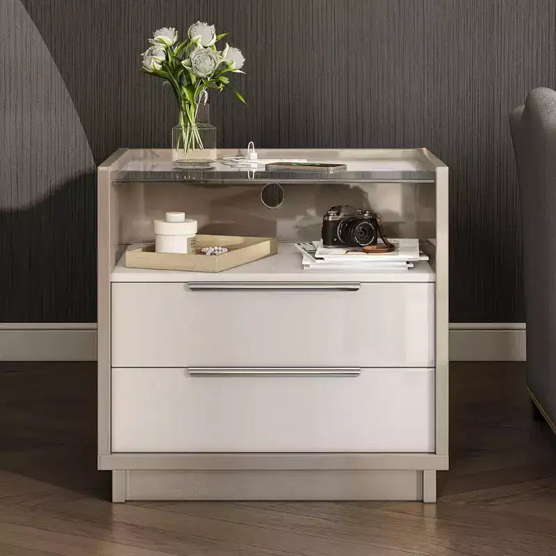 AMERLIFE 23.6 High Gloss Nightstand with Glass Tabletop, Modern Bedside Table with Charging Station