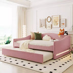Bellemave Full Size Upholstered Daybed with Trundle, Teddy Fleece Frame, Tufted Sofa Bed with LED Light for Bedroom, Living Room, Guest, Pink