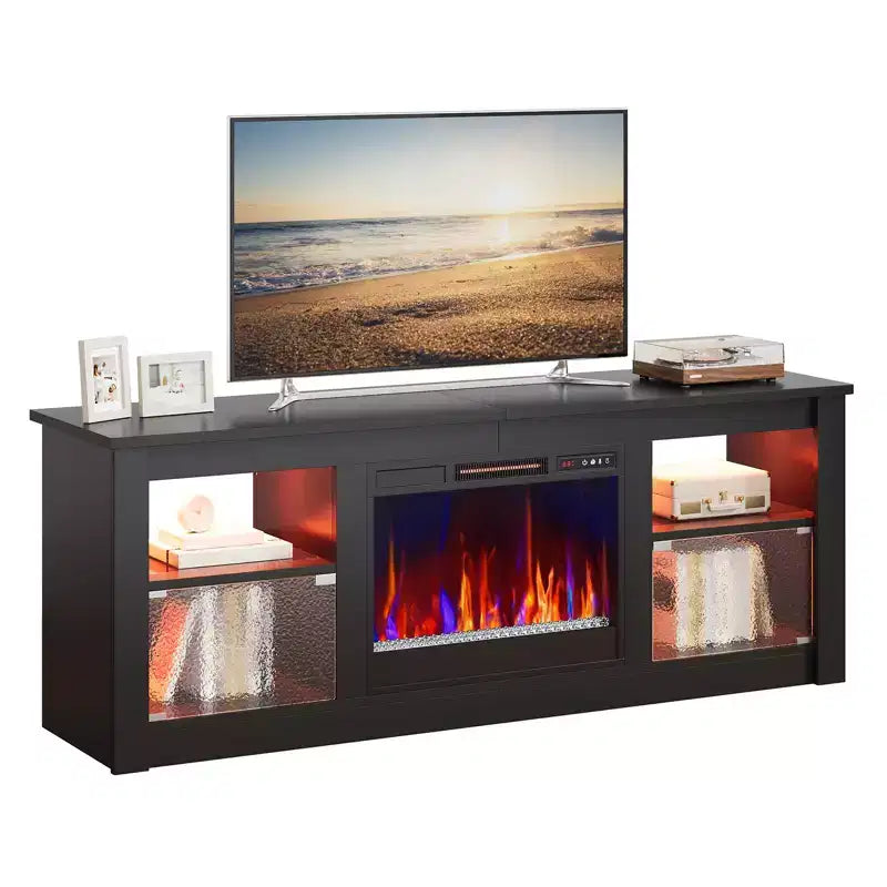 Meuble TV Bestier 63" avec cheminée pour téléviseurs jusqu'à 70", console multimédia avec armoires et étagères, meuble TV avec cheminée électrique et télécommande