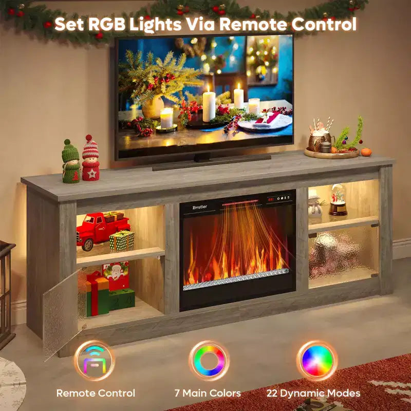 Meuble TV Bestier 63" avec cheminée pour téléviseurs jusqu'à 70", console multimédia avec armoires et étagères, meuble TV avec cheminée électrique et télécommande