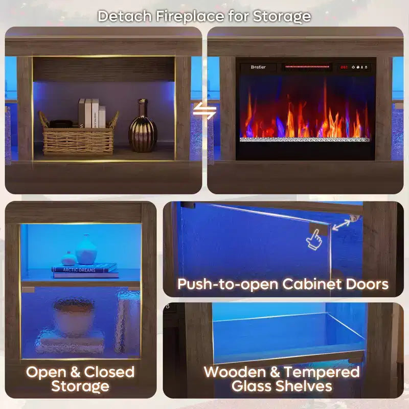 Meuble TV Bestier 63" avec cheminée pour téléviseurs jusqu'à 70", console multimédia avec armoires et étagères, meuble TV avec cheminée électrique et télécommande