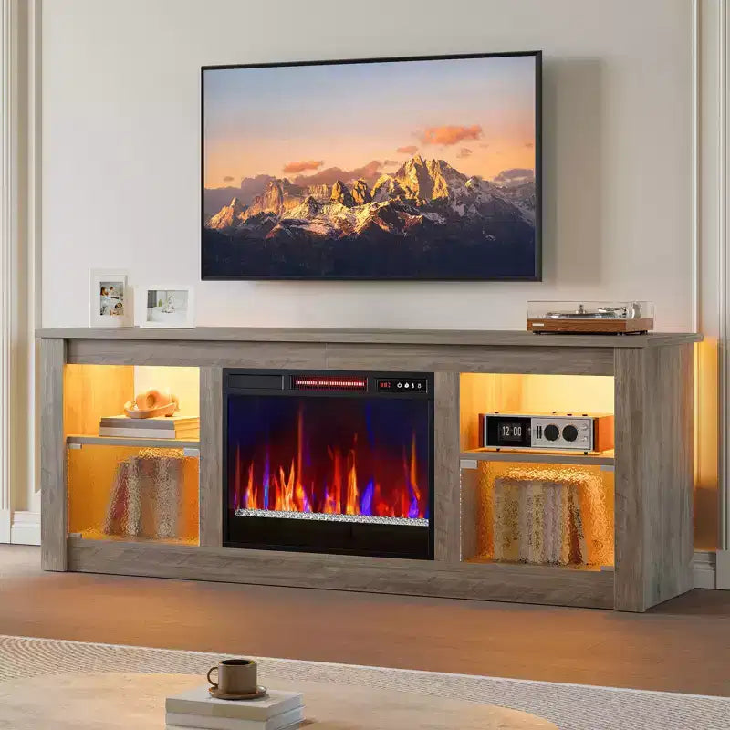 Meuble TV Bestier 63" avec cheminée pour téléviseurs jusqu'à 70", console multimédia avec armoires et étagères, meuble TV avec cheminée électrique et télécommande