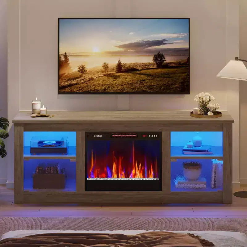 Meuble TV Bestier 63" avec cheminée pour téléviseurs jusqu'à 70", console multimédia avec armoires et étagères, meuble TV avec cheminée électrique et télécommande