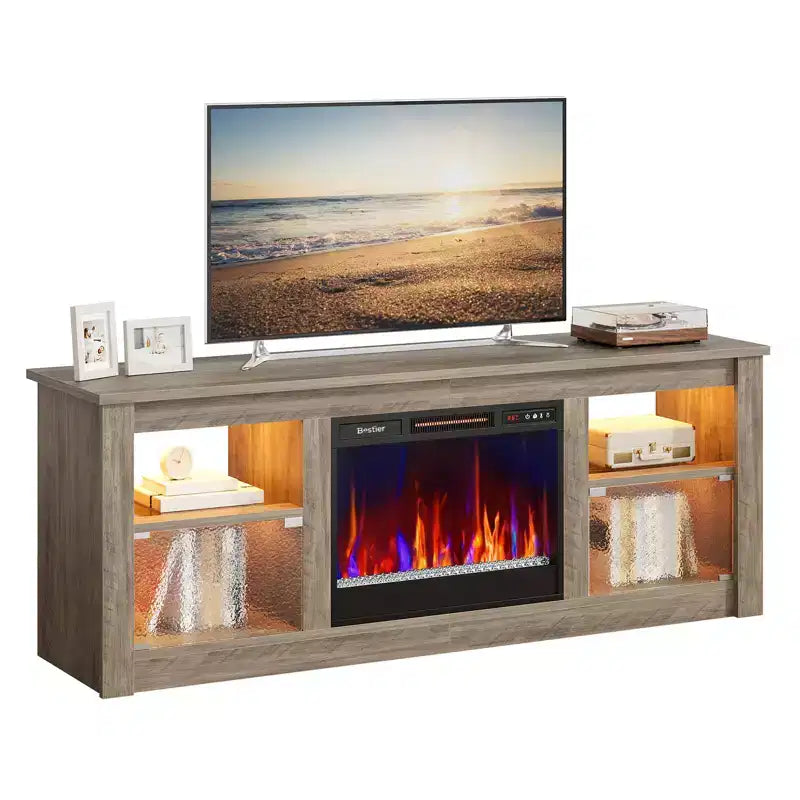 Meuble TV Bestier 63" avec cheminée pour téléviseurs jusqu'à 70", console multimédia avec armoires et étagères, meuble TV avec cheminée électrique et télécommande