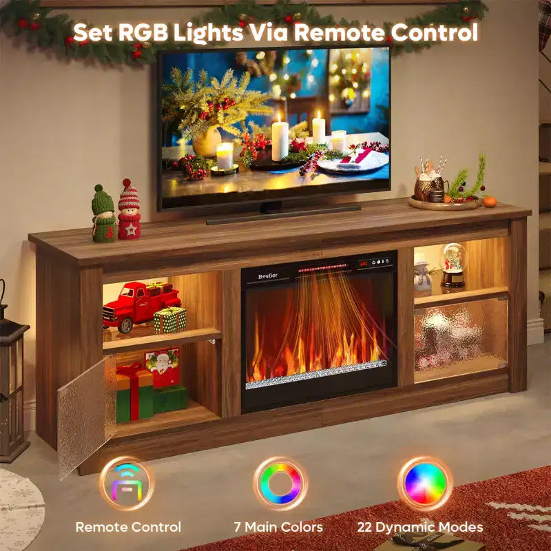 Meuble TV Bestier 63" avec cheminée pour téléviseurs jusqu'à 70", console multimédia avec armoires et étagères, meuble TV avec cheminée électrique et télécommande