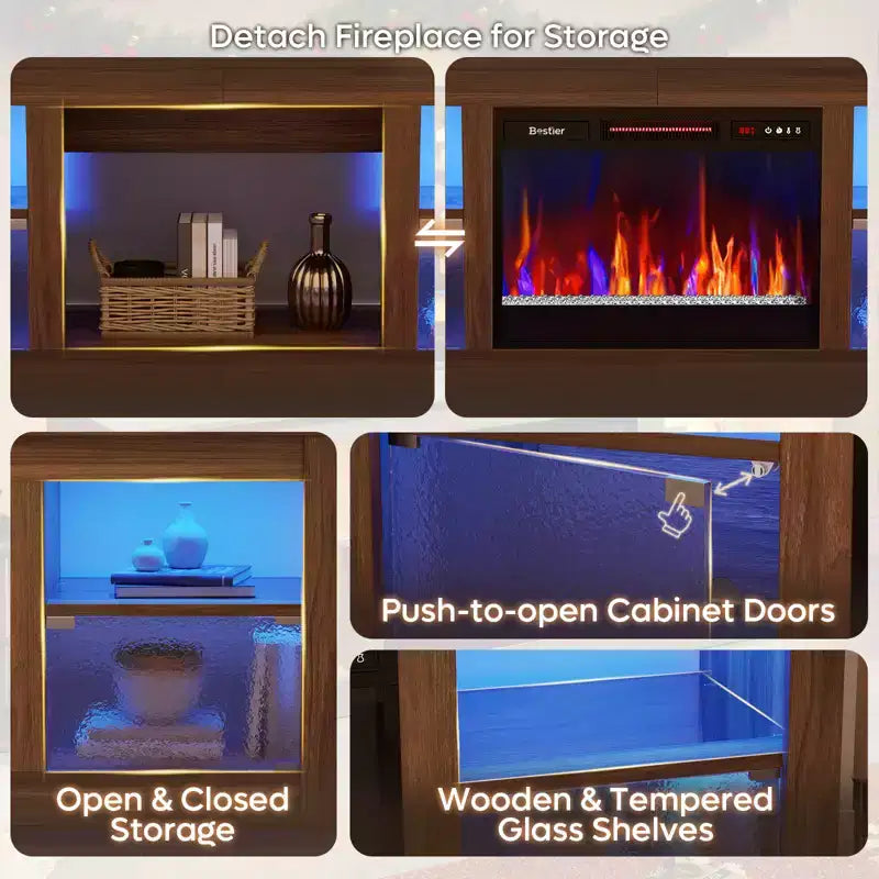 Meuble TV Bestier 63" avec cheminée pour téléviseurs jusqu'à 70", console multimédia avec armoires et étagères, meuble TV avec cheminée électrique et télécommande