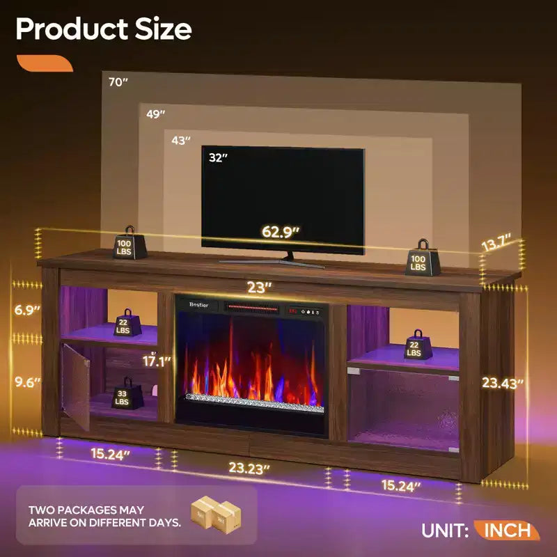 Meuble TV Bestier 63" avec cheminée pour téléviseurs jusqu'à 70", console multimédia avec armoires et étagères, meuble TV avec cheminée électrique et télécommande