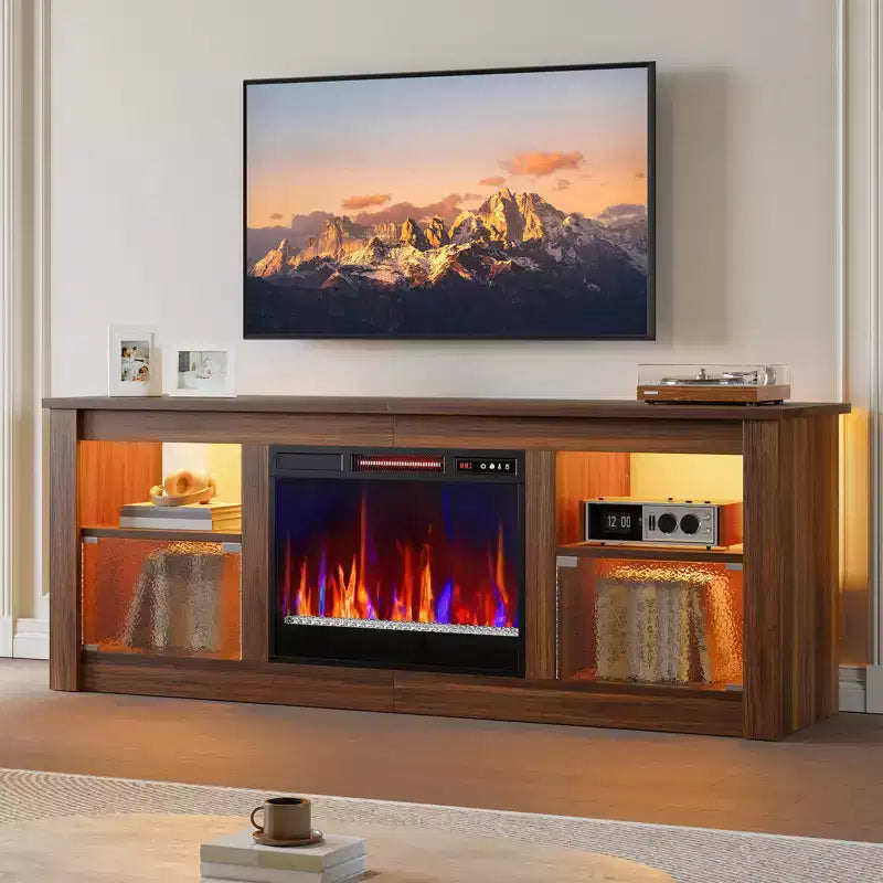 Meuble TV Bestier 63" avec cheminée pour téléviseurs jusqu'à 70", console multimédia avec armoires et étagères, meuble TV avec cheminée électrique et télécommande