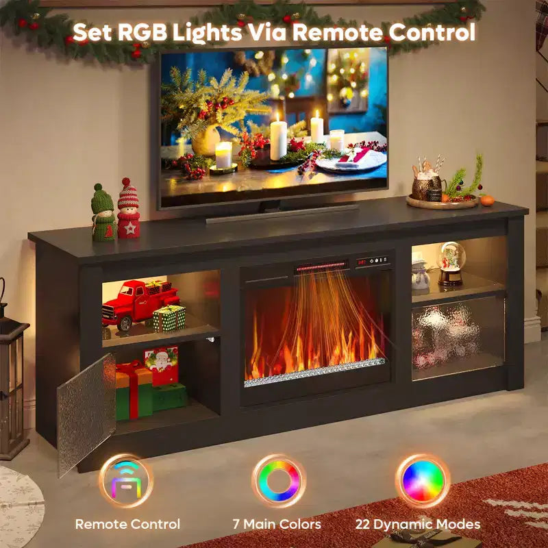 Meuble TV Bestier 63" avec cheminée pour téléviseurs jusqu'à 70", console multimédia avec armoires et étagères, meuble TV avec cheminée électrique et télécommande