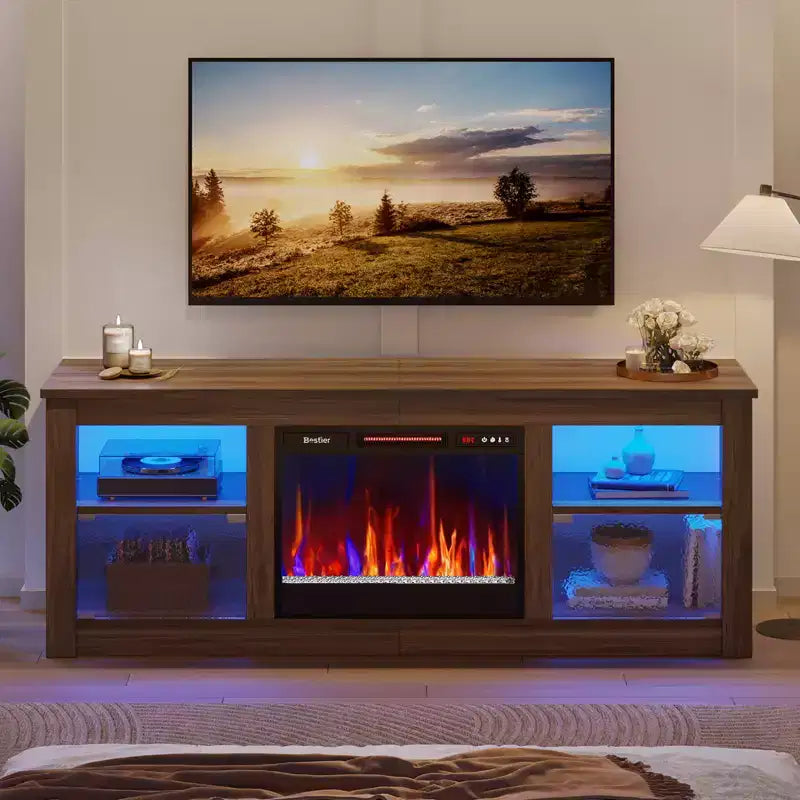 Meuble TV Bestier 63" avec cheminée pour téléviseurs jusqu'à 70", console multimédia avec armoires et étagères, meuble TV avec cheminée électrique et télécommande
