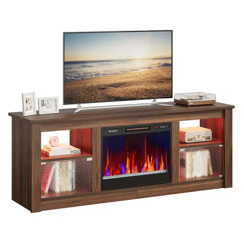 Meuble TV Bestier 63" avec cheminée pour téléviseurs jusqu'à 70", console multimédia avec armoires et étagères, meuble TV avec cheminée électrique et télécommande