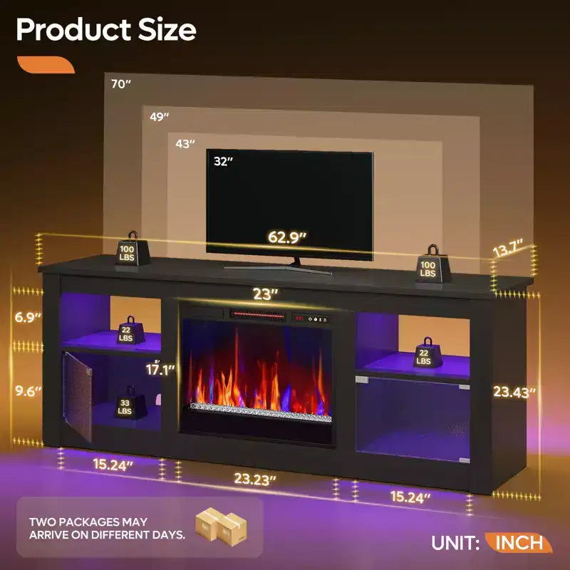 Meuble TV Bestier 63" avec cheminée pour téléviseurs jusqu'à 70", console multimédia avec armoires et étagères, meuble TV avec cheminée électrique et télécommande