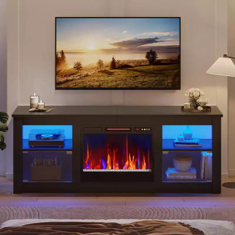 Meuble TV Bestier 63" avec cheminée pour téléviseurs jusqu'à 70", console multimédia avec armoires et étagères, meuble TV avec cheminée électrique et télécommande