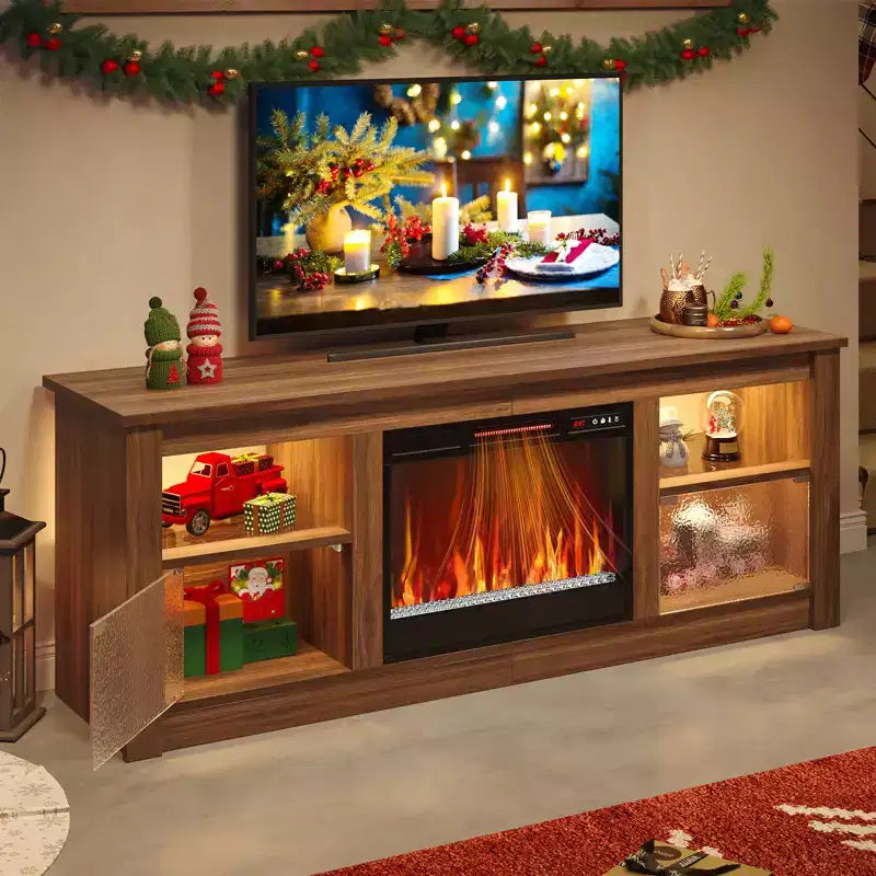 Meuble TV Bestier 63" avec cheminée pour téléviseurs jusqu'à 70", console multimédia avec armoires et étagères, meuble TV avec cheminée électrique et télécommande
