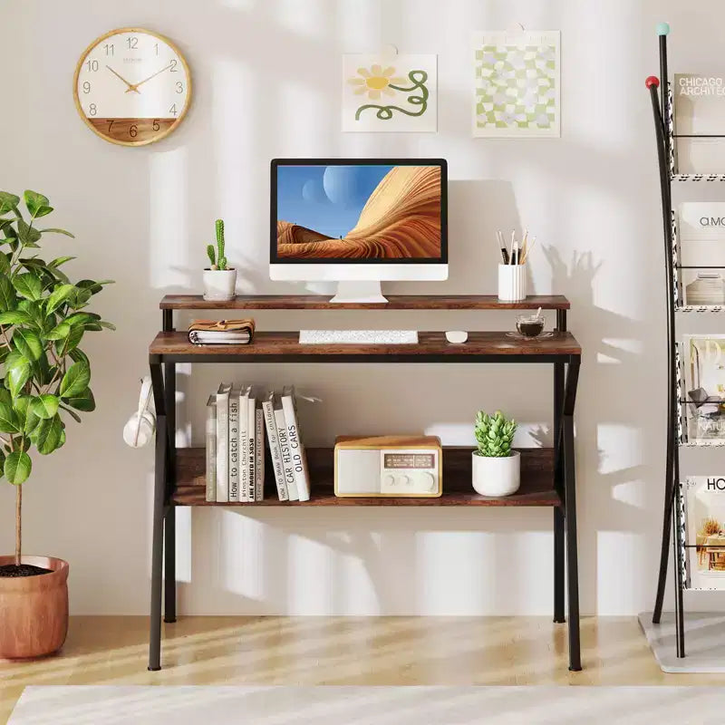 Scrivania per Ufficio Domestico Costway con Supporto per Monitor, Ripiano Aperto e Struttura in Metallo, Gancio per Cuffie Bianco/Marrone/Nero/Rosa