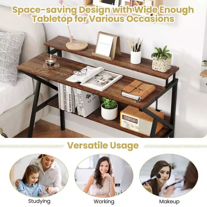 Scrivania per Ufficio Domestico Costway con Supporto per Monitor, Ripiano Aperto e Struttura in Metallo, Gancio per Cuffie Bianco/Marrone/Nero/Rosa