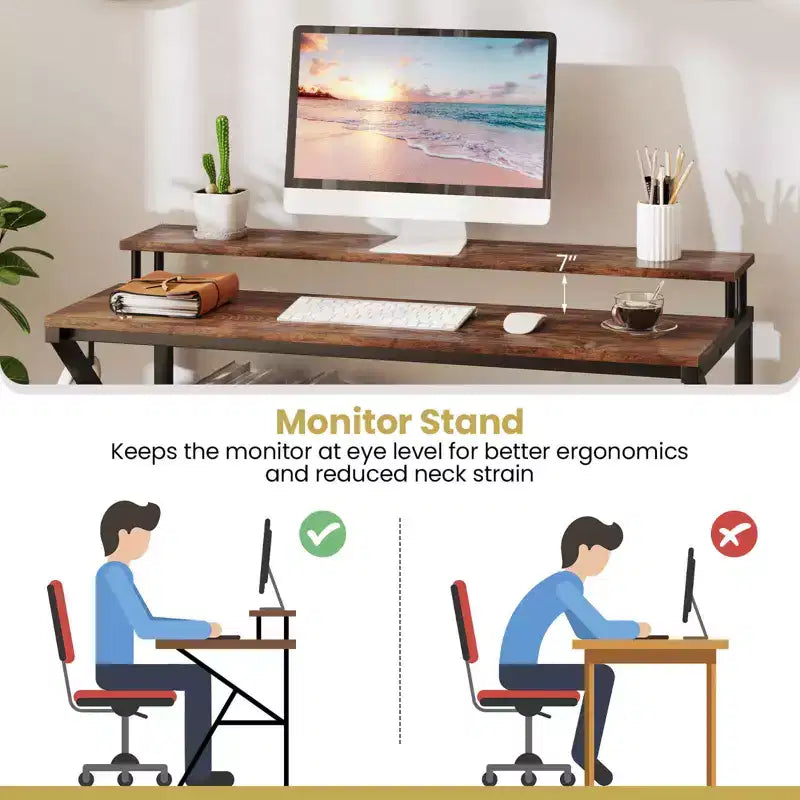 Scrivania per Ufficio Domestico Costway con Supporto per Monitor, Ripiano Aperto e Struttura in Metallo, Gancio per Cuffie Bianco/Marrone/Nero/Rosa