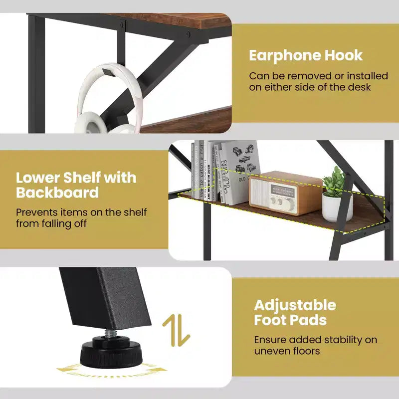 Scrivania per Ufficio Domestico Costway con Supporto per Monitor, Ripiano Aperto e Struttura in Metallo, Gancio per Cuffie Bianco/Marrone/Nero/Rosa