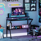 Scrivania per Ufficio Domestico Costway con Supporto per Monitor, Ripiano Aperto e Struttura in Metallo, Gancio per Cuffie Bianco/Marrone/Nero/Rosa