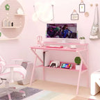 Scrivania per Ufficio Domestico Costway con Supporto per Monitor, Ripiano Aperto e Struttura in Metallo, Gancio per Cuffie Bianco/Marrone/Nero/Rosa
