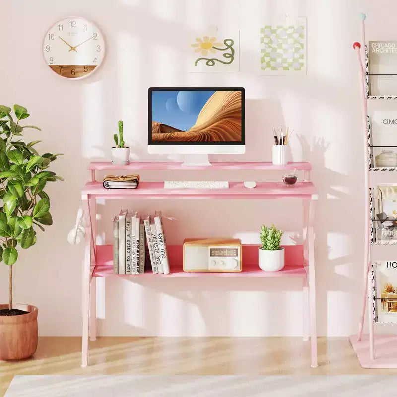 Scrivania per Ufficio Domestico Costway con Supporto per Monitor, Ripiano Aperto e Struttura in Metallo, Gancio per Cuffie Bianco/Marrone/Nero/Rosa
