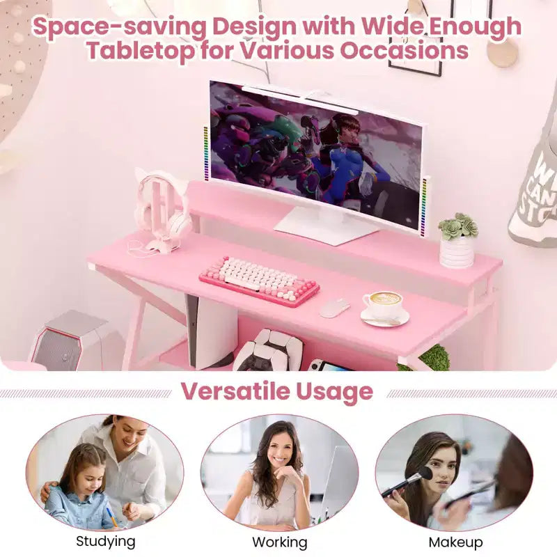 Scrivania per Ufficio Domestico Costway con Supporto per Monitor, Ripiano Aperto e Struttura in Metallo, Gancio per Cuffie Bianco/Marrone/Nero/Rosa