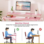 Scrivania per Ufficio Domestico Costway con Supporto per Monitor, Ripiano Aperto e Struttura in Metallo, Gancio per Cuffie Bianco/Marrone/Nero/Rosa