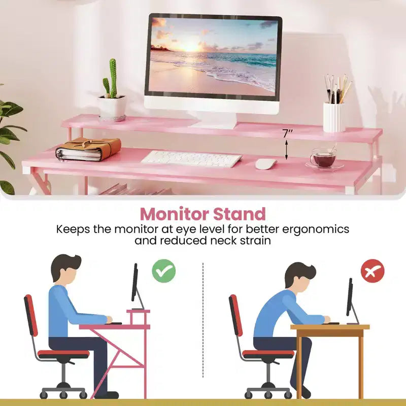 Scrivania per Ufficio Domestico Costway con Supporto per Monitor, Ripiano Aperto e Struttura in Metallo, Gancio per Cuffie Bianco/Marrone/Nero/Rosa