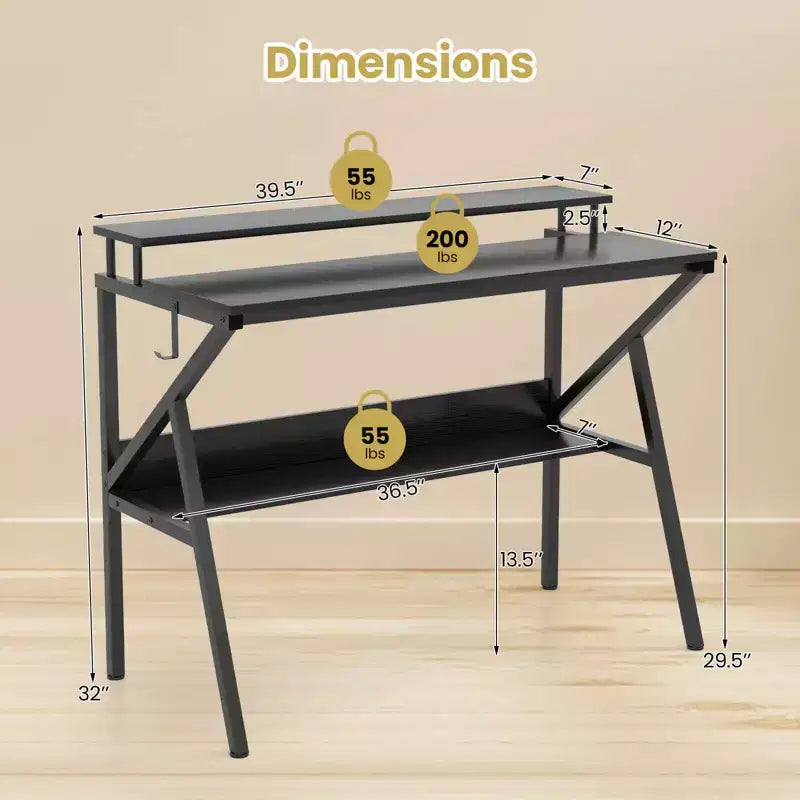 Scrivania per Ufficio Domestico Costway con Supporto per Monitor, Ripiano Aperto e Struttura in Metallo, Gancio per Cuffie Bianco/Marrone/Nero/Rosa