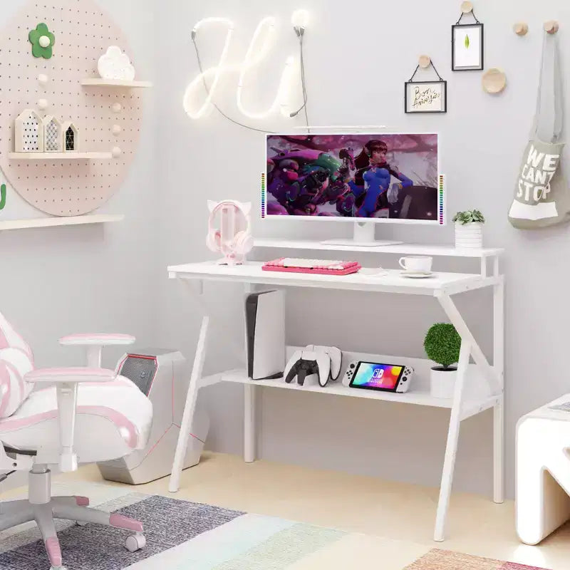 Scrivania per Ufficio Domestico Costway con Supporto per Monitor, Ripiano Aperto e Struttura in Metallo, Gancio per Cuffie Bianco/Marrone/Nero/Rosa