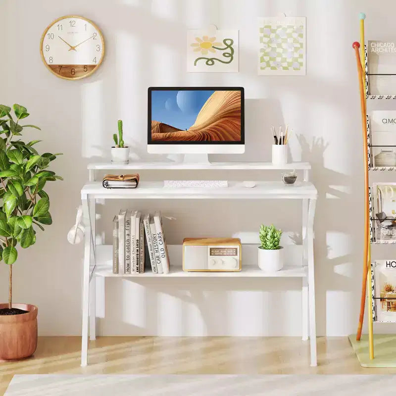 Scrivania per Ufficio Domestico Costway con Supporto per Monitor, Ripiano Aperto e Struttura in Metallo, Gancio per Cuffie Bianco/Marrone/Nero/Rosa
