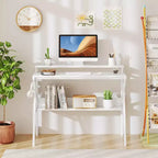 Scrivania per Ufficio Domestico Costway con Supporto per Monitor, Ripiano Aperto e Struttura in Metallo, Gancio per Cuffie Bianco/Marrone/Nero/Rosa