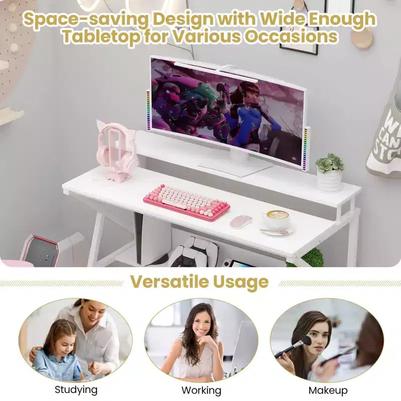 Scrivania per Ufficio Domestico Costway con Supporto per Monitor, Ripiano Aperto e Struttura in Metallo, Gancio per Cuffie Bianco/Marrone/Nero/Rosa