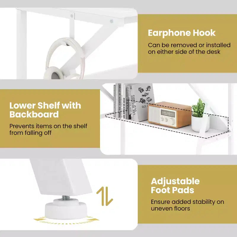 Scrivania per Ufficio Domestico Costway con Supporto per Monitor, Ripiano Aperto e Struttura in Metallo, Gancio per Cuffie Bianco/Marrone/Nero/Rosa