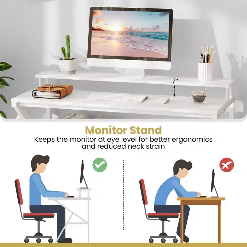 Scrivania per Ufficio Domestico Costway con Supporto per Monitor, Ripiano Aperto e Struttura in Metallo, Gancio per Cuffie Bianco/Marrone/Nero/Rosa