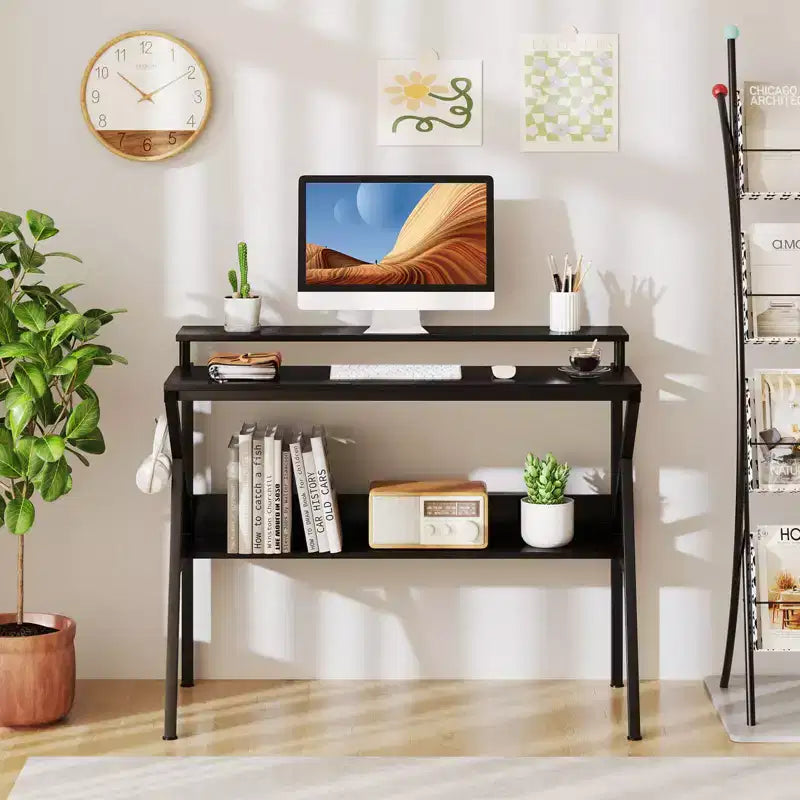 Scrivania per Ufficio Domestico Costway con Supporto per Monitor, Ripiano Aperto e Struttura in Metallo, Gancio per Cuffie Bianco/Marrone/Nero/Rosa