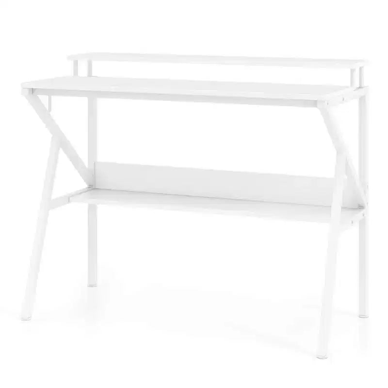 Scrivania per Ufficio Domestico Costway con Supporto per Monitor, Ripiano Aperto e Struttura in Metallo, Gancio per Cuffie Bianco/Marrone/Nero/Rosa
