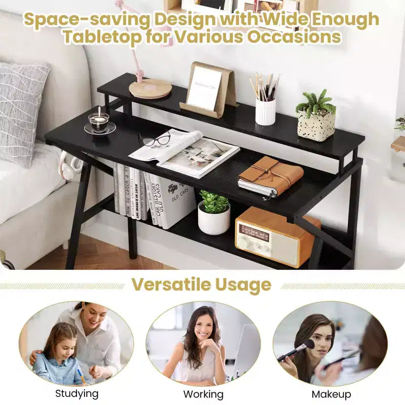 Scrivania per Ufficio Domestico Costway con Supporto per Monitor, Ripiano Aperto e Struttura in Metallo, Gancio per Cuffie Bianco/Marrone/Nero/Rosa