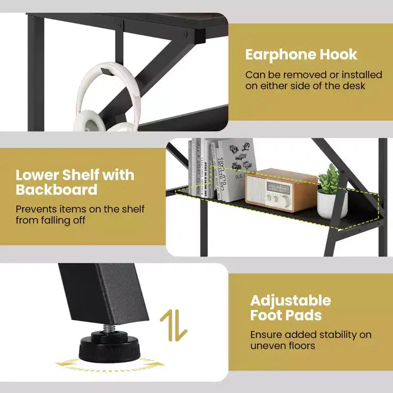 Scrivania per Ufficio Domestico Costway con Supporto per Monitor, Ripiano Aperto e Struttura in Metallo, Gancio per Cuffie Bianco/Marrone/Nero/Rosa