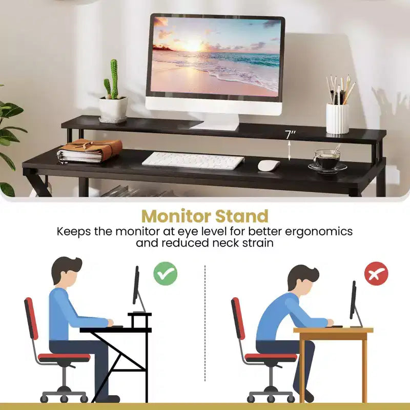 Scrivania per Ufficio Domestico Costway con Supporto per Monitor, Ripiano Aperto e Struttura in Metallo, Gancio per Cuffie Bianco/Marrone/Nero/Rosa