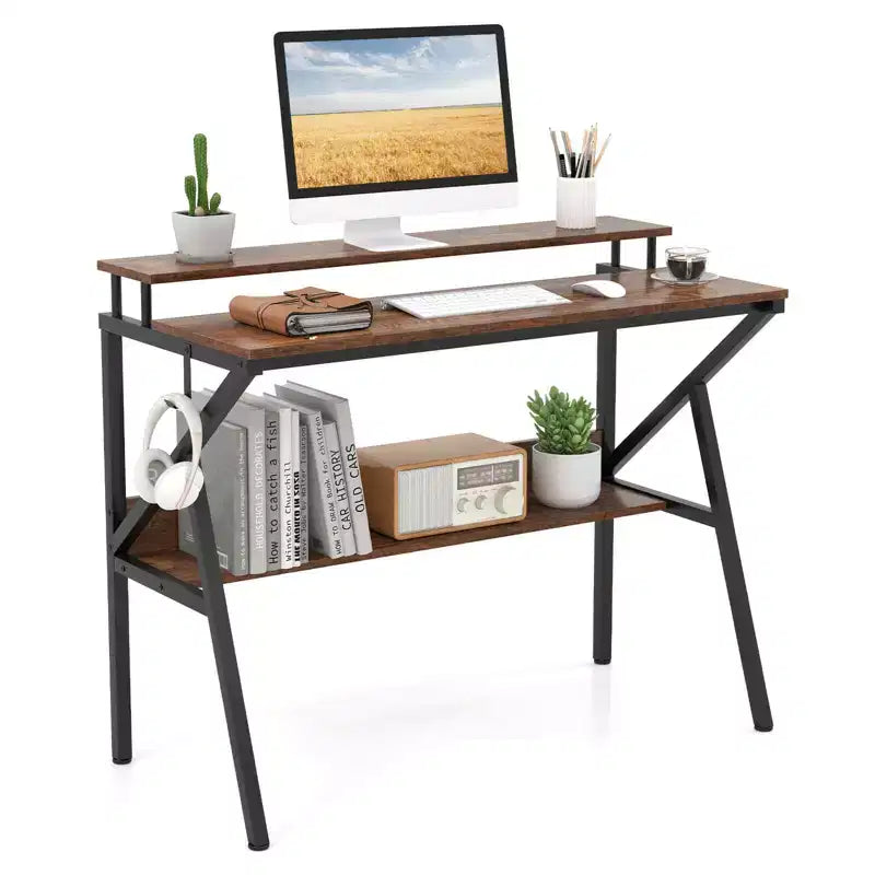 Scrivania per Ufficio Domestico Costway con Supporto per Monitor, Ripiano Aperto e Struttura in Metallo, Gancio per Cuffie Bianco/Marrone/Nero/Rosa
