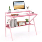 Scrivania per Ufficio Domestico Costway con Supporto per Monitor, Ripiano Aperto e Struttura in Metallo, Gancio per Cuffie Bianco/Marrone/Nero/Rosa