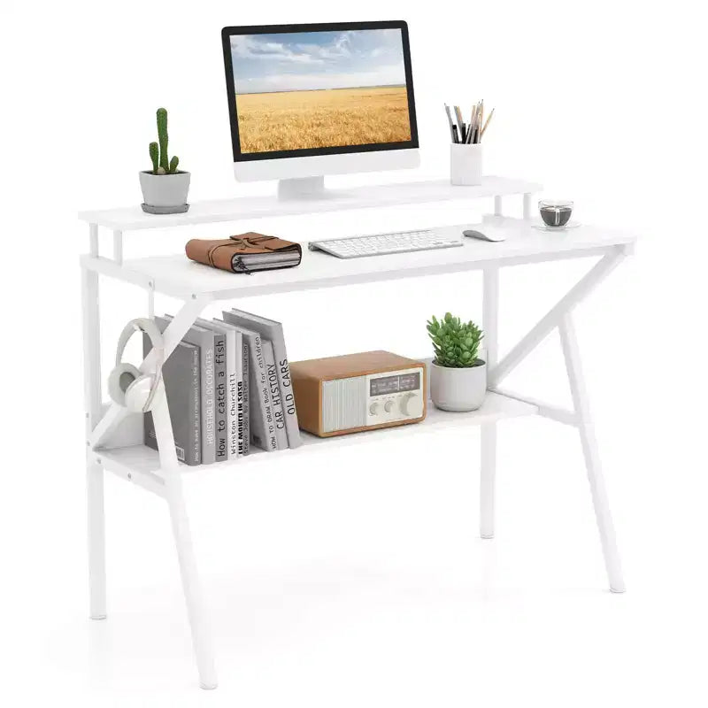 Scrivania per Ufficio Domestico Costway con Supporto per Monitor, Ripiano Aperto e Struttura in Metallo, Gancio per Cuffie Bianco/Marrone/Nero/Rosa