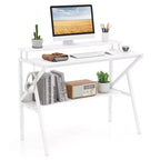 Scrivania per Ufficio Domestico Costway con Supporto per Monitor, Ripiano Aperto e Struttura in Metallo, Gancio per Cuffie Bianco/Marrone/Nero/Rosa