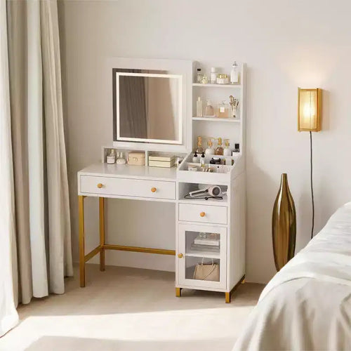 38 Vanity Desk, Modern Makeup Dressing Table, with 3 Color LED Lighted Mirror and Power Outlet, for Bedroom, Studio